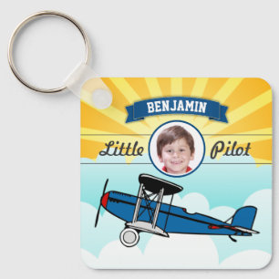 Blue Aeroplane Little Pilot Name Photo Kids Room Key Ring