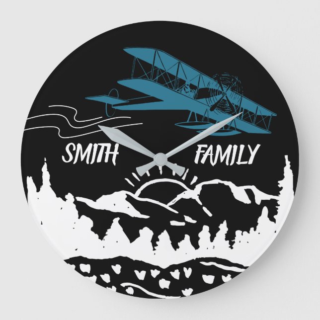 Blue Aeroplane,Mountains,Sunset,Retro, Personalise Large Clock (Front)
