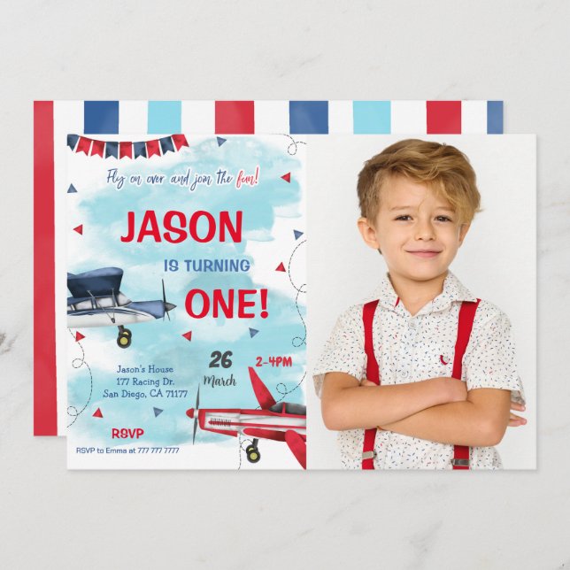 Blue Aeroplane Photo Invitation (Front/Back)