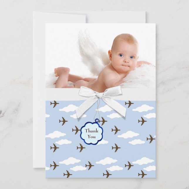 Blue Aeroplanes Baby Boy Photo Thank You Cards (Front)