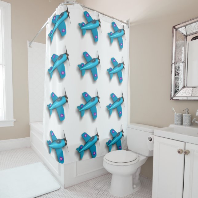 Blue Aeroplanes Shower Curtain (In Situ)