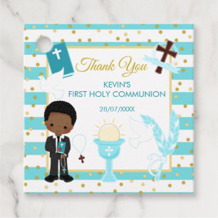 Blue African American Boy First Holy Communion Favour Tags
