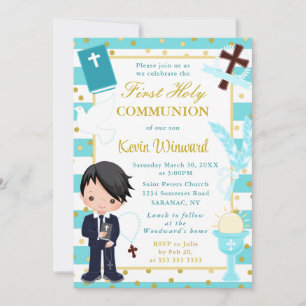 Blue African American Boy First Holy Communion Invitation