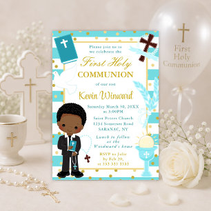 Blue African American Boy First Holy Communion Invitation