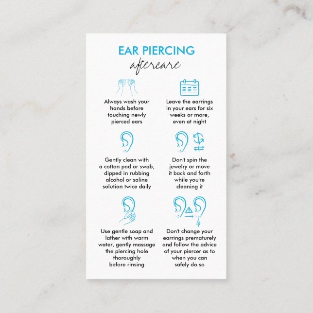Blue Aftercare Instructions for Ear Piercings Business Card (Back)