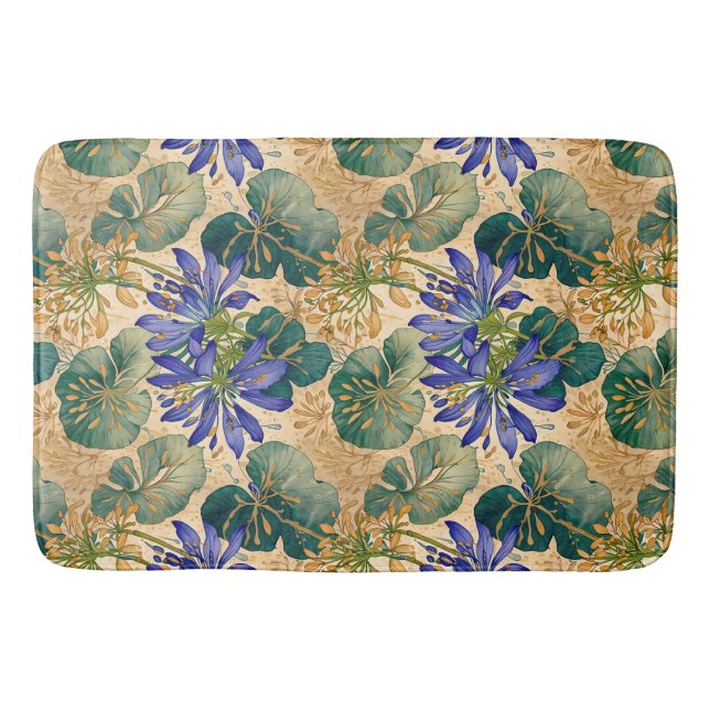 Blue Agapanthus on Tan Floral Bath Mat (Front)