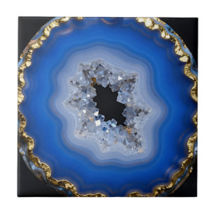 Blue Agate Geode Gold Edge Crystal Art Ceramic Tile