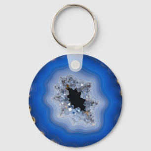 Blue Agate Geode Gold Edge Crystal Art Key Ring