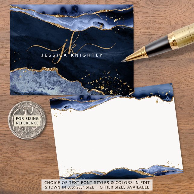 Blue Agate Geode Gold Glitter Monogram Script Name Card (Creator Uploaded)