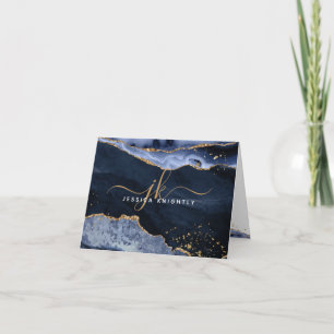 Blue Agate Geode Gold Glitter Monogram Script Name Note Card