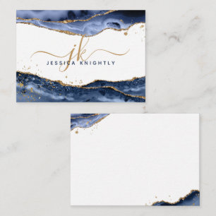 Blue Agate Geode Gold Glitter Script Monogram Card