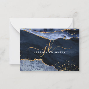 Blue Agate Geode Gold Glitter Script Monogram Card