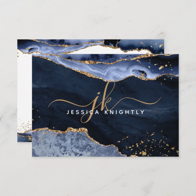Blue Agate Geode Gold Glitter Script Monogram Name Card (Front/Back)