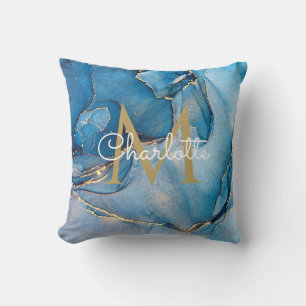 Blue Agate Geode Gold Monogram Modern Script Cushion