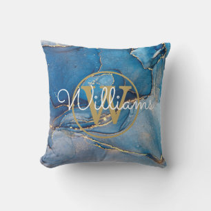 Blue Agate Geode Gold Monogram Name Cushion