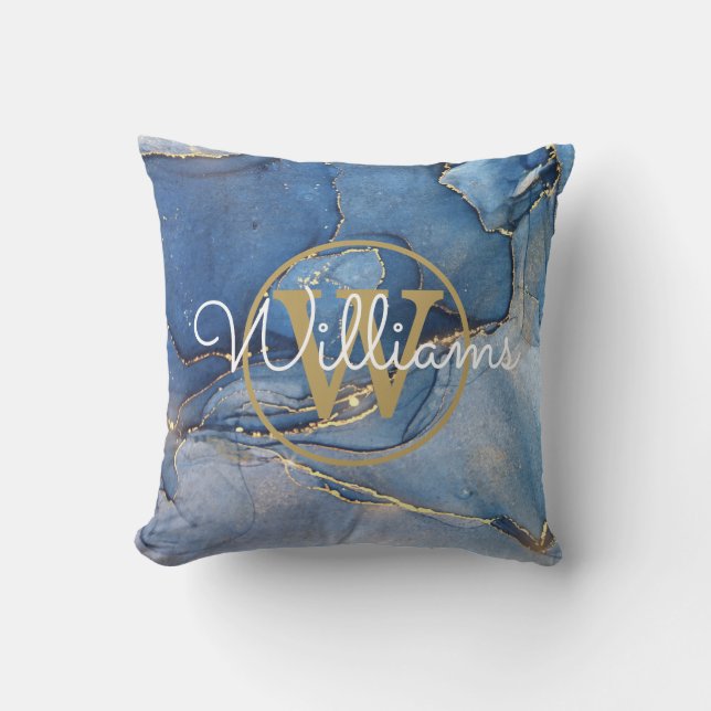 Blue Agate Geode Gold Monogram Name Cushion (Front)