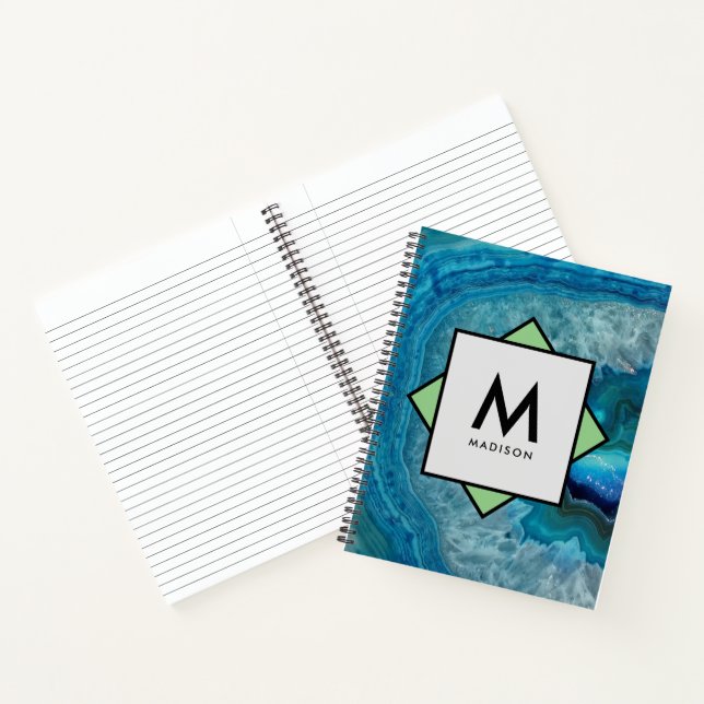 Blue Agate Geode with Your Name and Monogram on Notebook (Inside)