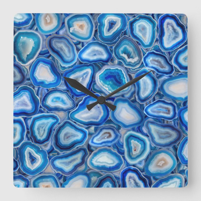 Blue Agate Geodes crystals pattern Square Wall Clock (Front)