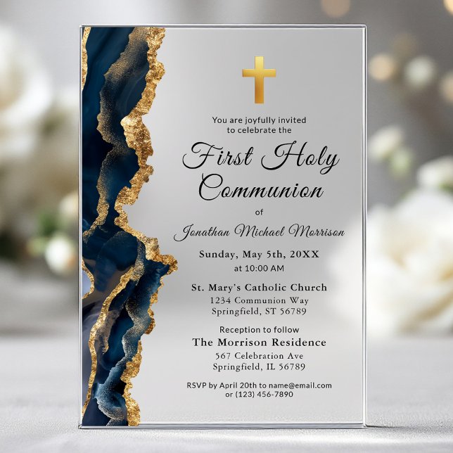 Blue Agate Gold First Holy Communion Boy's Acrylic Invitations (Creator Uploaded)