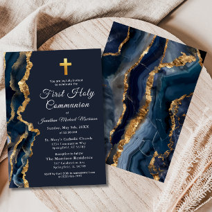 Blue Agate Gold First Holy Communion Boy's Invitation