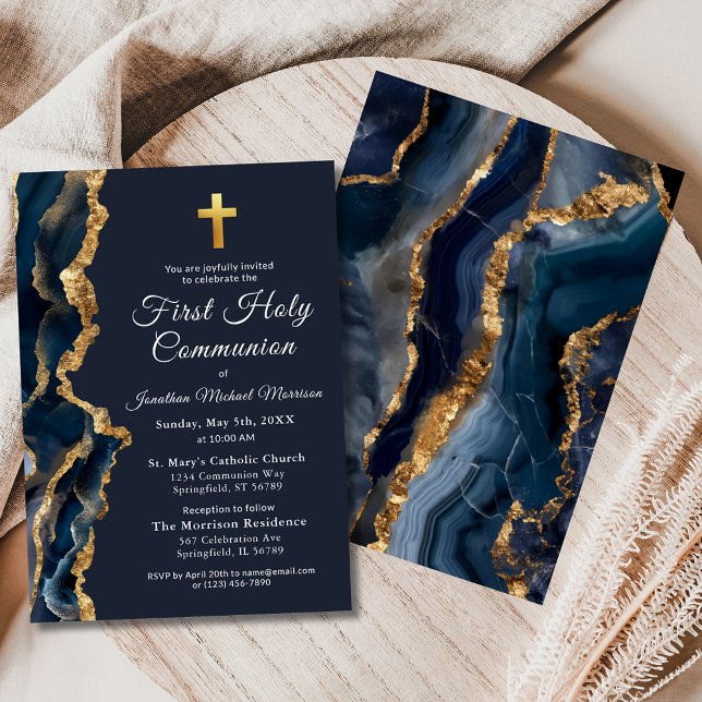 Blue Agate Gold First Holy Communion Boy's Invitation (Creator Uploaded)