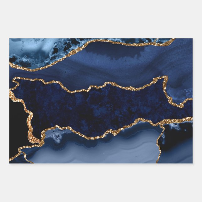 Blue Agate Gold Glitter Abstract Marble Art Wrapping Paper Sheet (Front)