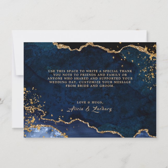 Blue Agate Gold Glitter Dust Wedding Thank You Card (Back)