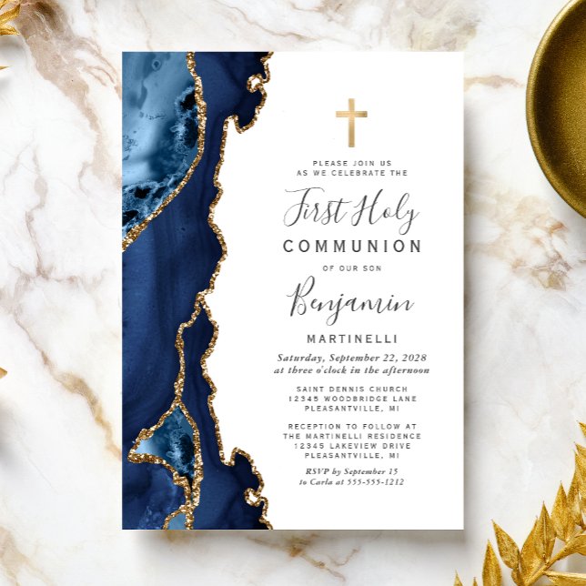  Blue Agate Gold Glitter First Holy Communion Invitation (Creator Uploaded)