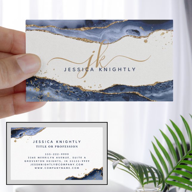  Blue Agate Gold Glitter Monogram Script Business Card (Creator Uploaded)