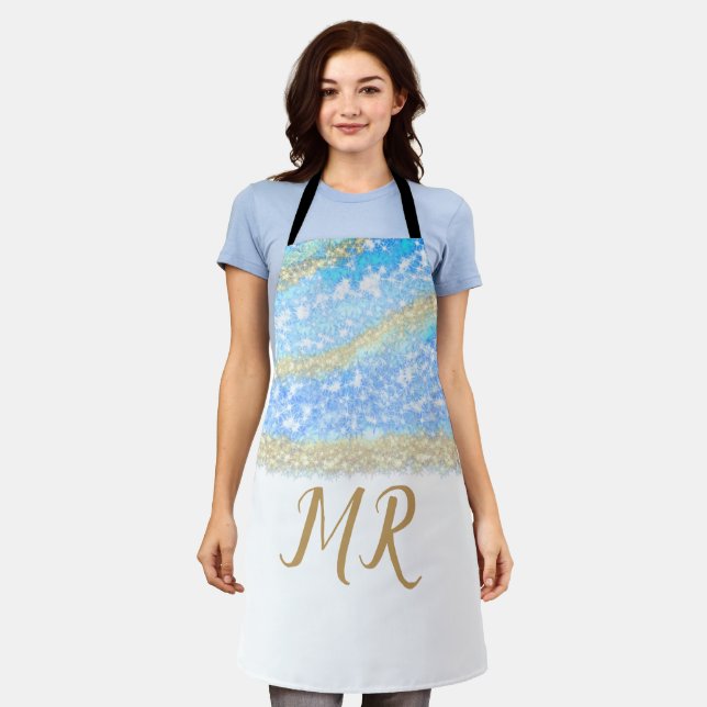 blue agate gold glitter sparkle monogram name text apron (Worn)