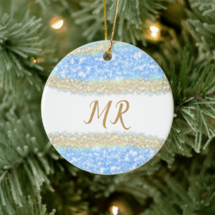 blue agate gold glitter sparkle monogram name text ceramic ornament