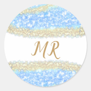 blue agate gold glitter sparkle monogram name text classic round sticker
