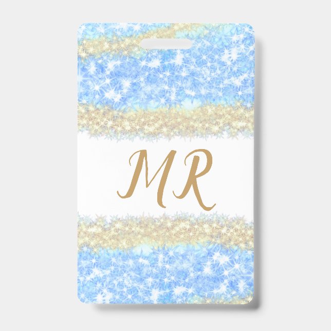 blue agate gold glitter sparkle monogram name text ID badge (Front)