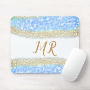 blue agate gold glitter sparkle monogram name text mouse pad
