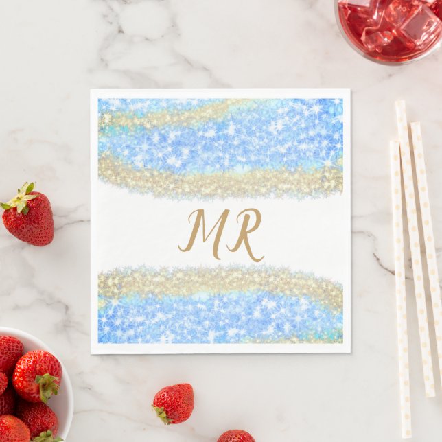 blue agate gold glitter sparkle monogram name text napkin (Insitu)