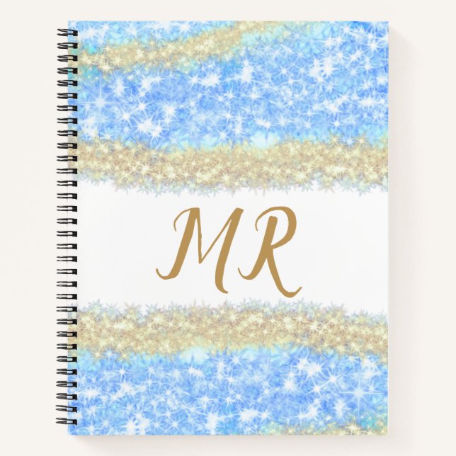 blue agate gold glitter sparkle monogram name text notebook (Front)