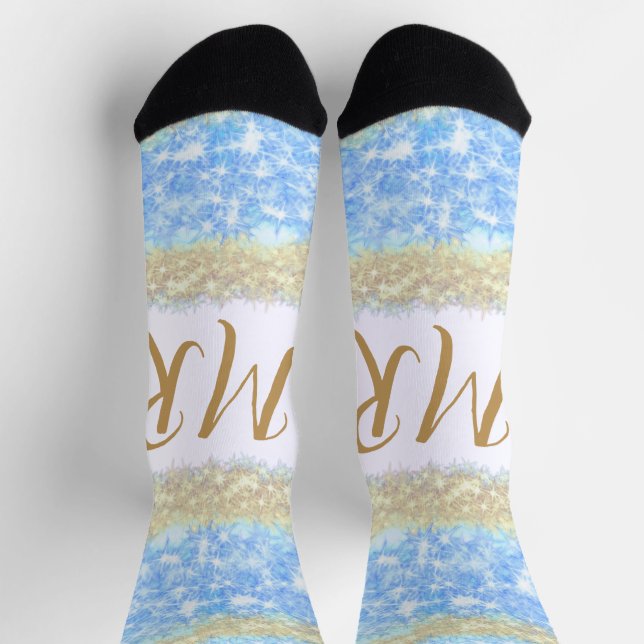 blue agate gold glitter sparkle monogram name text socks (Top)