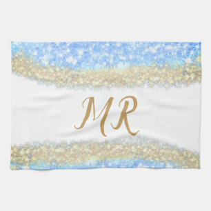 blue agate gold glitter sparkle monogram name text tea towel