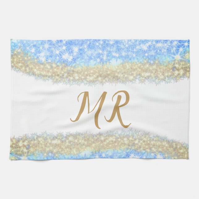 blue agate gold glitter sparkle monogram name text tea towel (Horizontal)