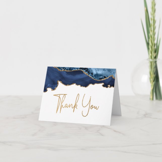 Blue Agate Gold Handwriting Script Thank You Card (Front)