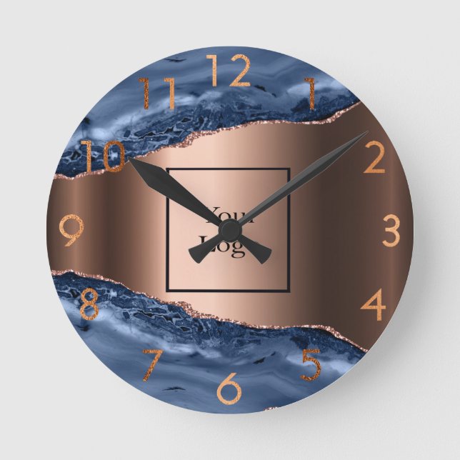Blue agate marble rose gold business logo round clock (Front)
