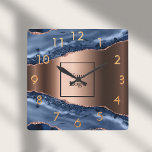 Blue agate marble rose gold business logo square wall clock<br><div class="desc">A dark blue and rose gold agate,  marble stone print as background Personalise and add your business logo.  Golden numers.</div>