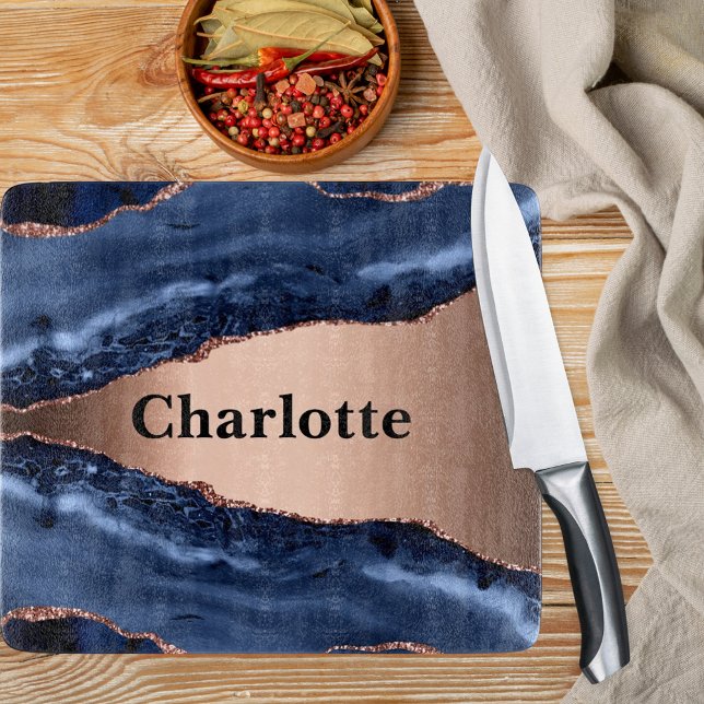 Blue agate marble rose gold name cutting board (Creator Uploaded)