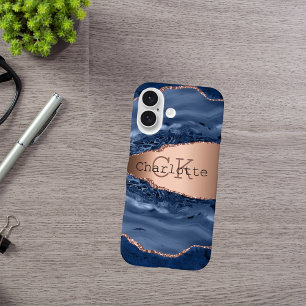 Blue agate marble rose gold name monogram iPhone 16 case