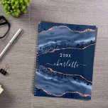 Blue agate marble rose gold name script 2024 planner<br><div class="desc">A dark blue and rose gold agate,  marble stone print as background Personalise and add your name. The name is written with a modern hand lettered style script.</div>