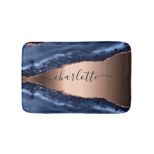 Blue agate marble rose gold name script bath mat