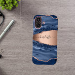 Blue agate marble rose gold name script iPhone 16 case<br><div class="desc">A dark blue and rose gold agate,  marble stone print as background Personalise and add your name. The name is written with a modern hand lettered style script.</div>