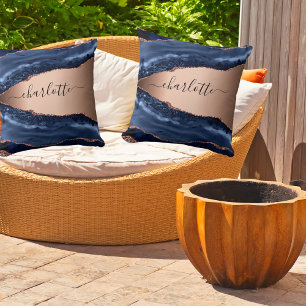 Blue agate marble rose gold name script cushion