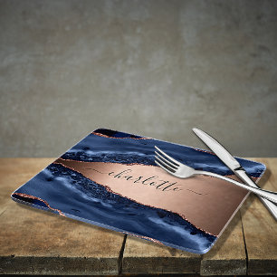 Blue agate marble rose gold name script  cutting board