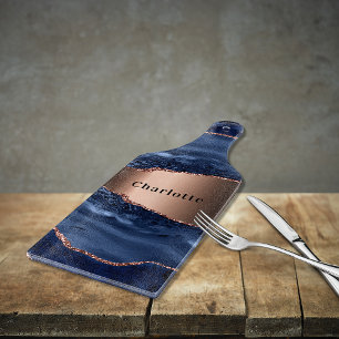 Blue agate marble rose gold name script cutting board
